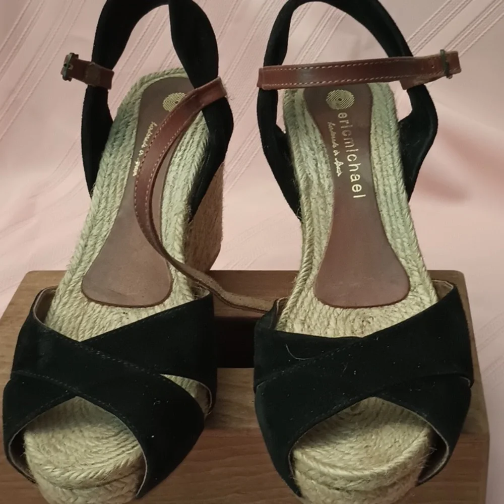 Eric Michael BlK Suede Espadrille with Brown Foot Strap Size 9